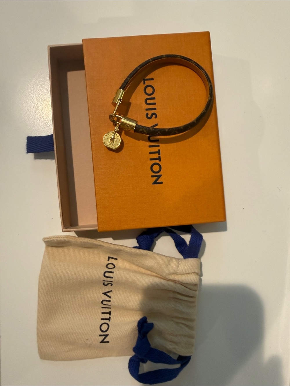Louis Vuitton Brown Monogram Leather Bracelet with Gold Charm